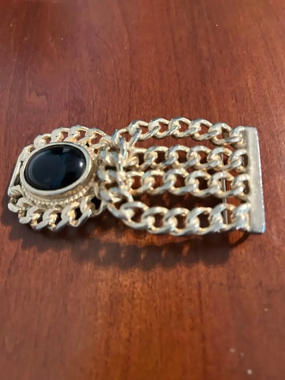 Vintage Gold Tone Multi Strand Chain Belt Buckle Black Cabochon Statement
